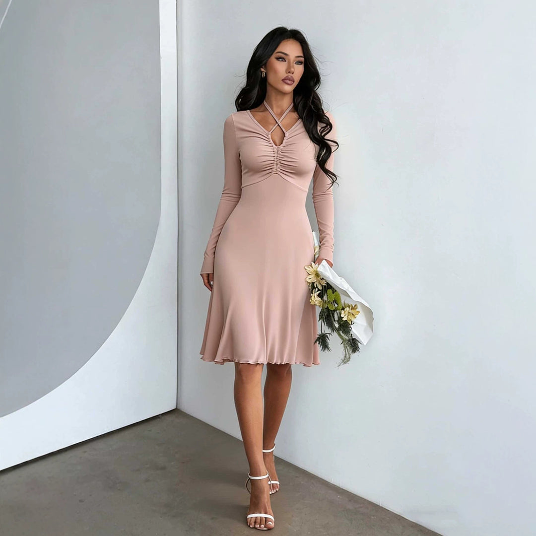 Damen gerafftes A-Linien Midikleid mit gekreuzten Trägern, figurformender Brustpartie und langen Ärmeln Eichborn Berlin