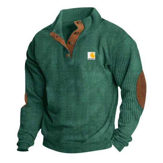 Herren nan Strickpullover im Troyer-Stil mit Stehkragen Lederbesatz Druckknopfleiste und Ellbogen-Patches EB