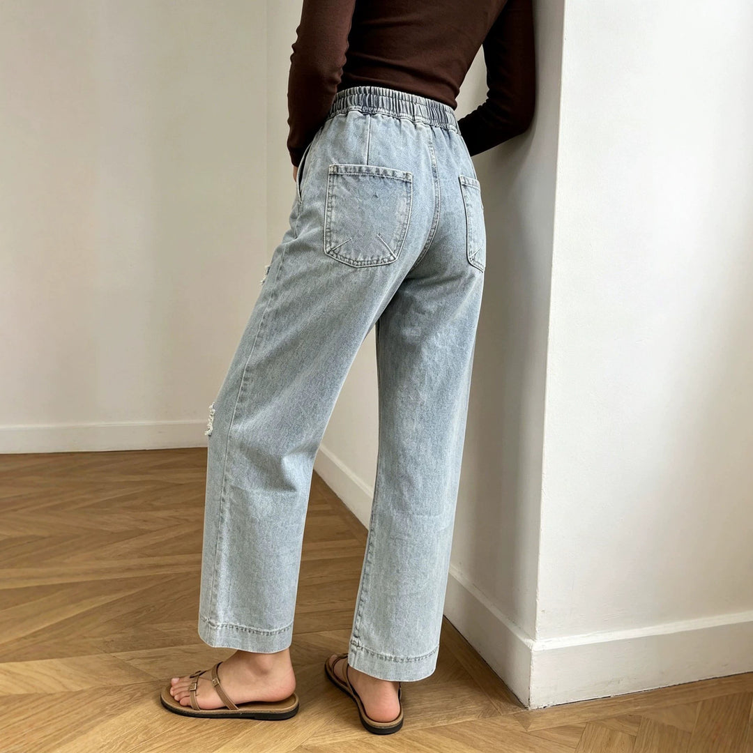 Damen nan weite Denimhose mit elastischem Kordelbund, Used-Effekten und lockerer Passform EB