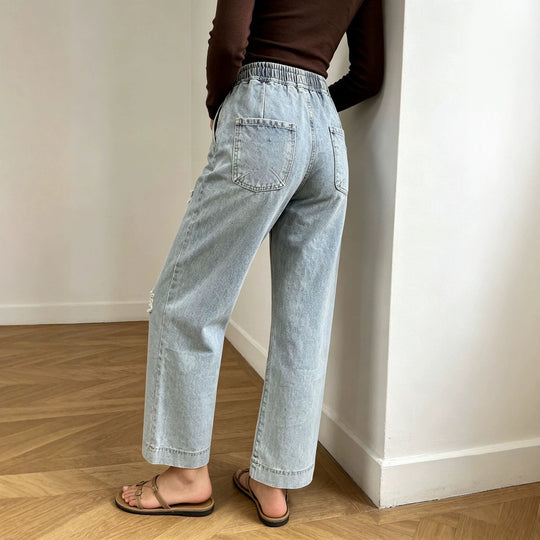 Damen nan weite Denimhose mit elastischem Kordelbund, Used-Effekten und lockerer Passform EB