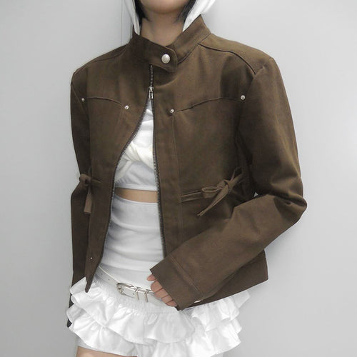 Damen nan taillierte Kurzjacke mit Stehkragen, Epauletten, Taillenriegeln und durchgehendem Reißverschluss EB
