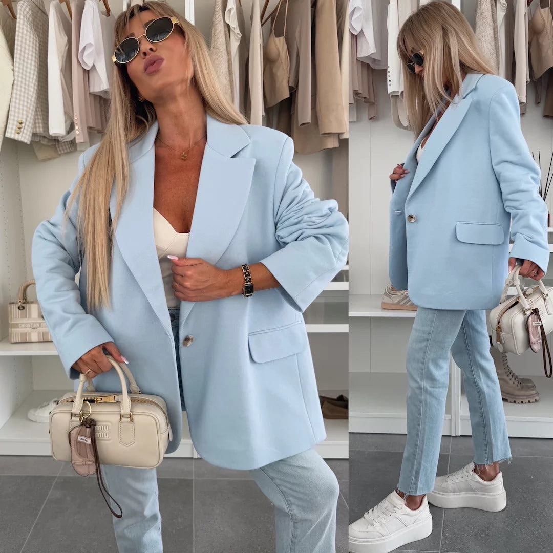 Damen Elegante Oversized Blazerjacke mit tiefem Revers und praktischen Taschen EB