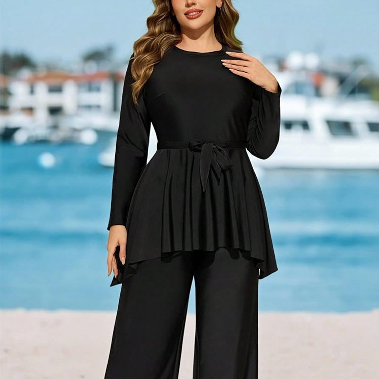 Damen elegantes Set mit schwingendem Oberteil und weiten Hosen EB