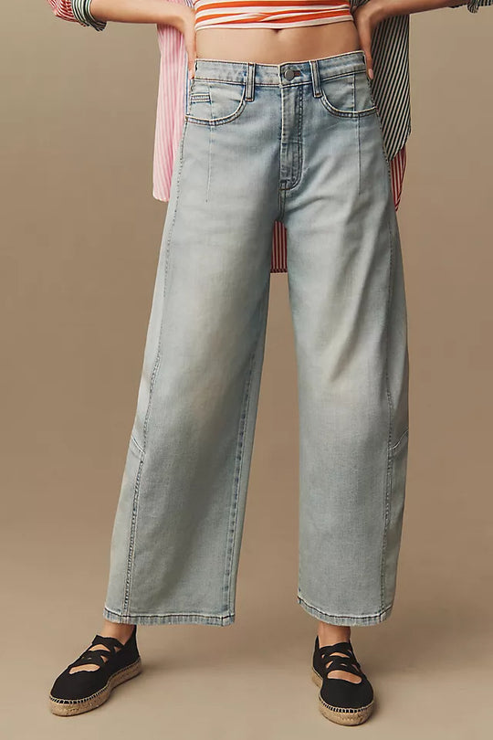 Damen nan hochgeschnittene weite Culotte-Jeans mit verkürzter Länge und dekorativen Nahtdetails EB