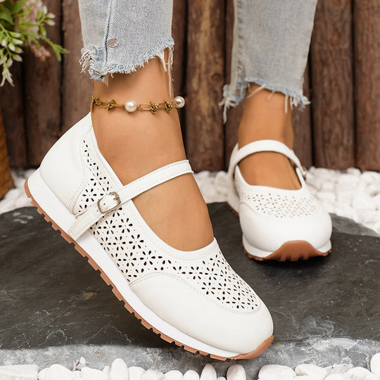 Damen Atmungsaktive Ballerinas mit elegantem Lochmuster und verstellbarem Riemen EB