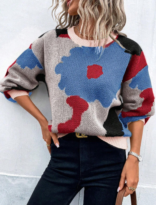 Damen modischer Pullover mit floralem Muster und weiten Ärmeln EB