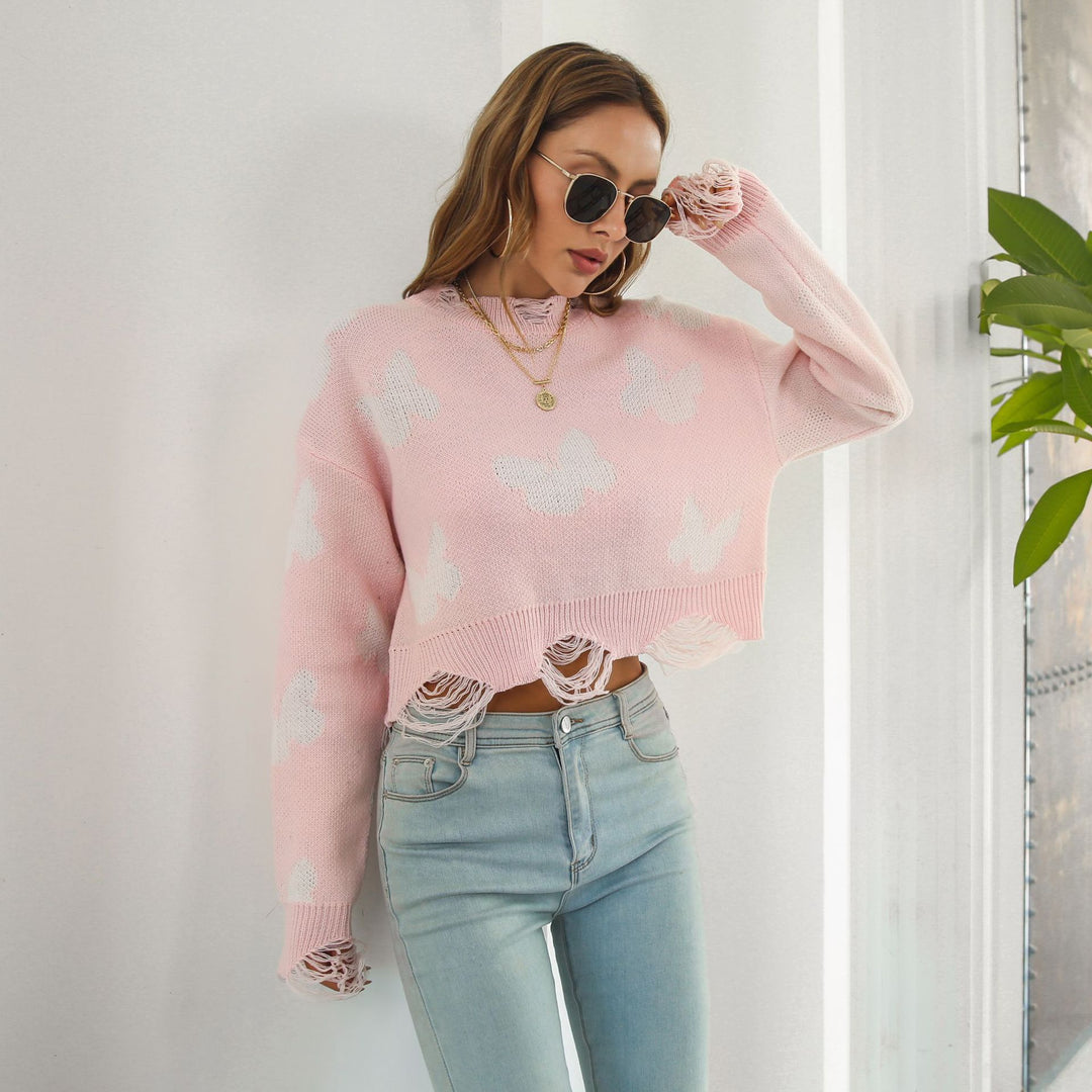 Damen Strickpullover mit einzigartigem Schmetterlingsdesign und trendigem Fransenabschluss EB