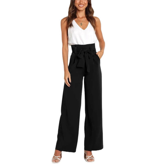 Damen Weit geschnittene High-Waist-Hose mit Binde-Gürtel und Taschen EB