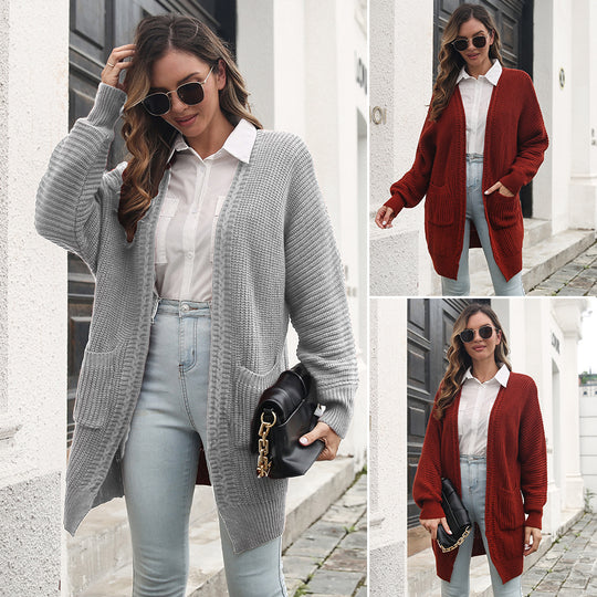 Damen Lässige Strickjacke mit tiefem V-Ausschnitt und praktischen Taschen EB