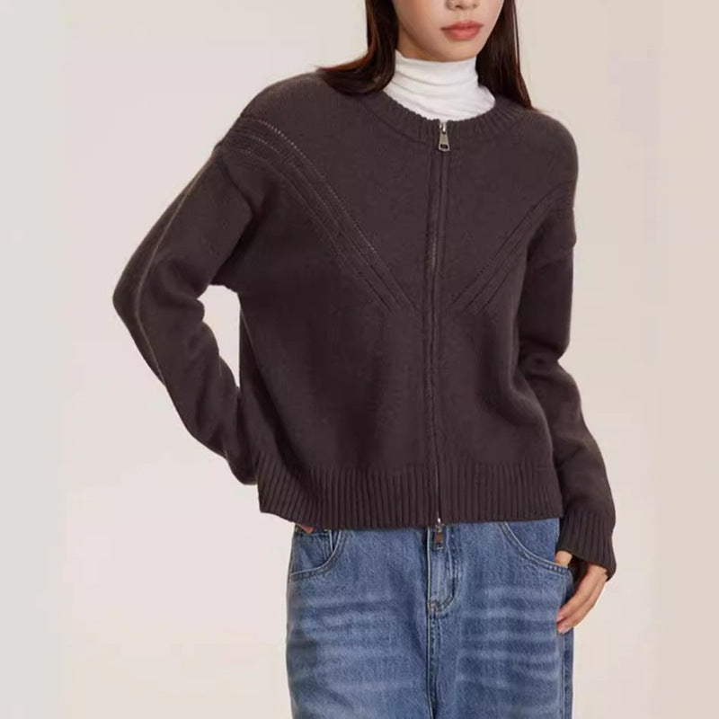 Damen kuschelige Strickjacke mit modernem Reißverschluss und feinem Strukturdesign EB