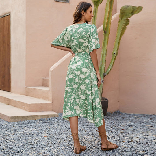 Damen Midi-Kleid mit V-Ausschnitt und voluminösen Ärmeln EB