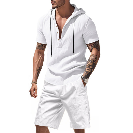 Herren lässiges Kurzarmhemd mit Kapuze und Shorts EB