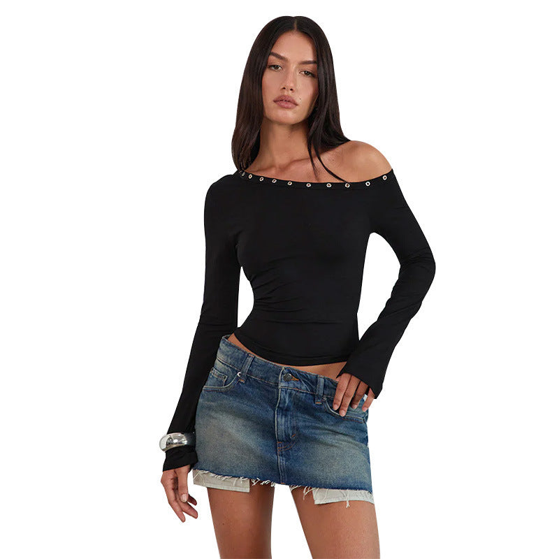 Damen Off-Shoulder Oberteil mit modischen Knöpfen und figurbetontem Schnitt EB