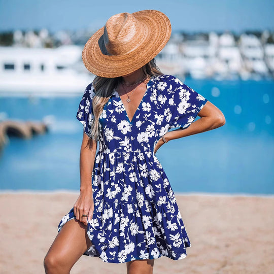 Damen verspieltes Sommerkleid mit V-Ausschnitt und luftigen Ärmeln EB