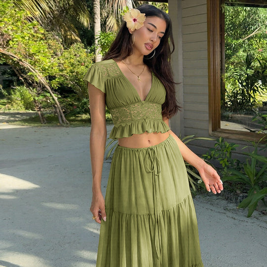 Damen Elegantes Maxikleid mit Spitzenoberteil und fließendem Saum EB