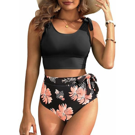 Damen Hochtailliertes Bikini-Set mit knotenverziertem Oberteil EB
