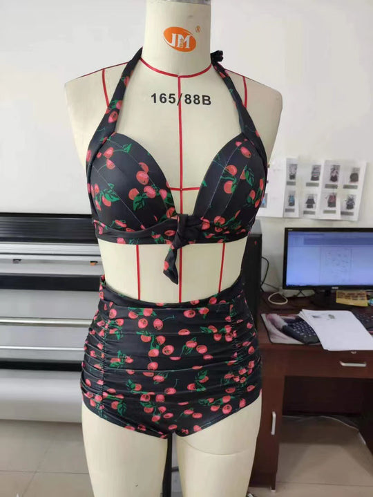 Damen Hoch tailliertes Bikini-Set mit floralem Design und Raffungen EB