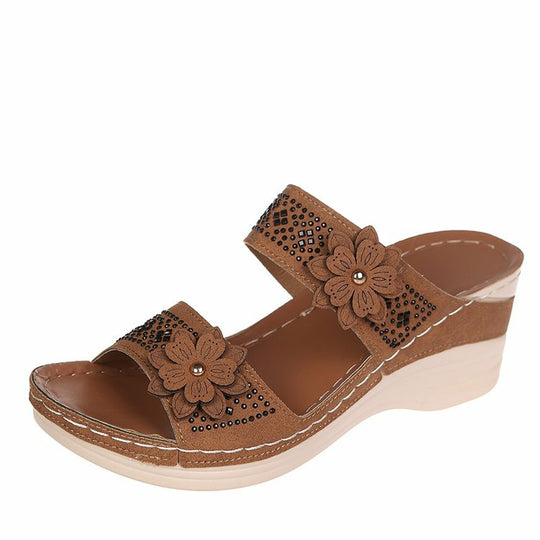 Damen modische Wedge-Pantoletten mit floralem Dekor EB