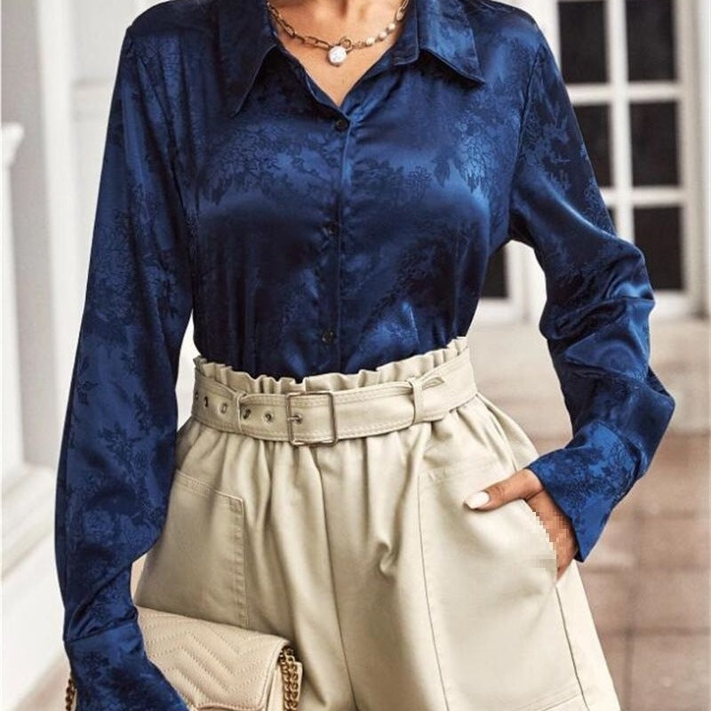 Damen Elegante satiniert Bluse mit floralen Muster EB