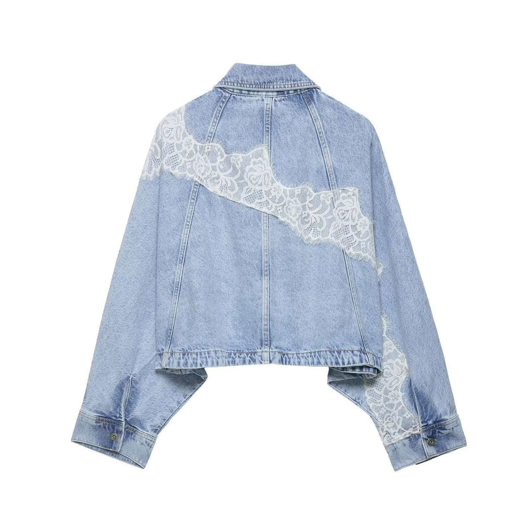 Damen nan oversized Denimjacke mit Spitzenbesatz, kastigem Cropped-Schnitt und überschnittenen Ärmeln EB