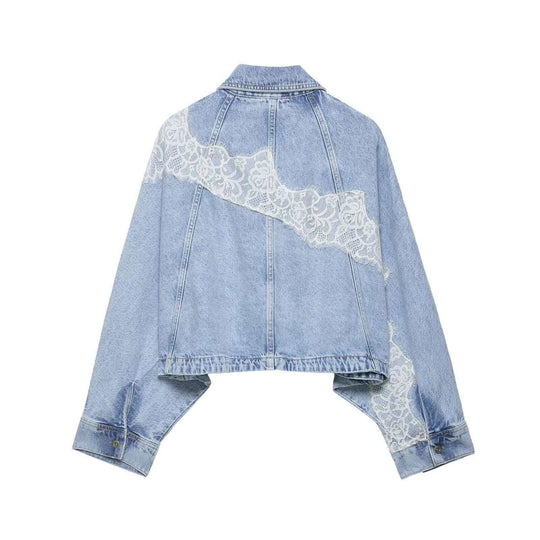 Damen nan oversized Denimjacke mit Spitzenbesatz, kastigem Cropped-Schnitt und überschnittenen Ärmeln EB
