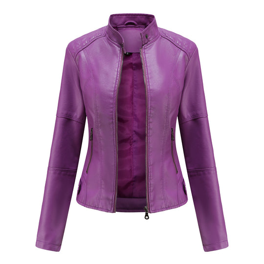 Damen nan schlanke Kunstlederjacke im Bikerstil mit Stehkragen und formenden Abnähern EB