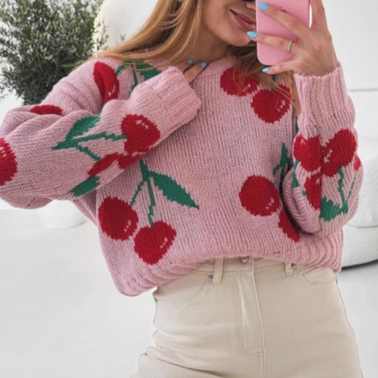Damen lässiger Pullover mit fruchtigem Kirschmuster und weichem Strick EB