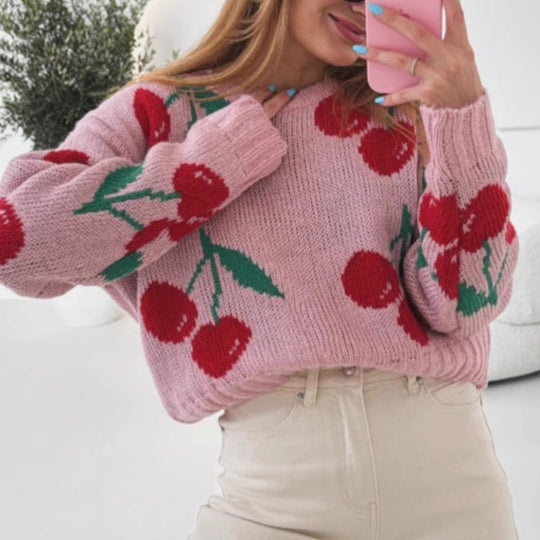Damen lässiger Pullover mit fruchtigem Kirschmuster und weichem Strick EB
