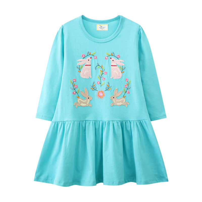 Mädchen Langarmkleid mit zauberhaften Hasen- und Blumenstickereien EB