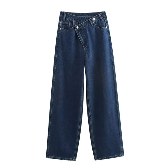 Damen weit geschnittene Jeans mit asymmetrischem Knopfverschluss und hohen Taillen EB
