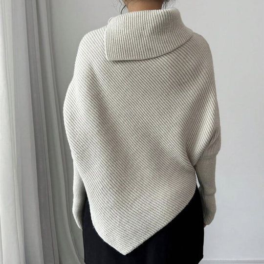 Damen Asymmetrischer Rippenstrick-Poncho mit hohem Rollkragen und verlängerten Ärmeln EB