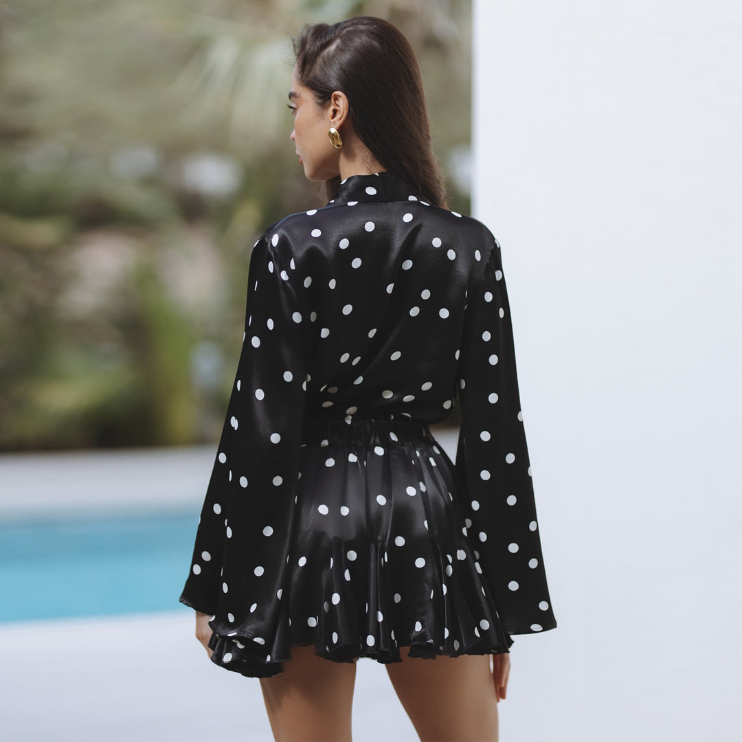 Damen Polka Dots Minikleid mit V-Ausschnitt und weitem Ärmel EB