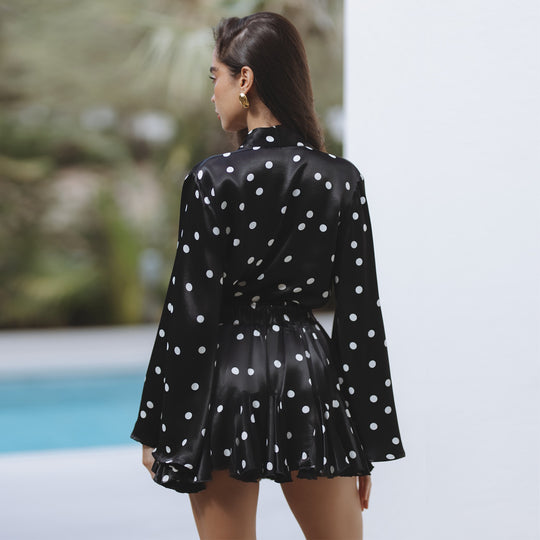 Damen Polka Dots Minikleid mit V-Ausschnitt und weitem Ärmel EB