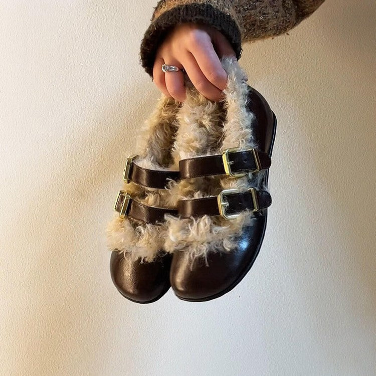 Damen Clogs mit kuscheligem Kunstfellkragen und modischen Schnallen EB