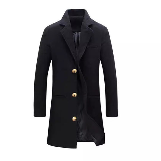 Herren eleganter langes Wollmantel mit schmalem Schnitt und goldenen Knöpfen EB