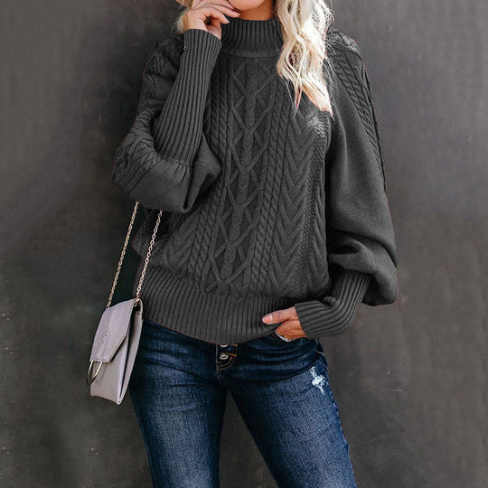 Damen nan Zopfmuster-Strickpullover mit Rollkragen und Ballonärmeln EB