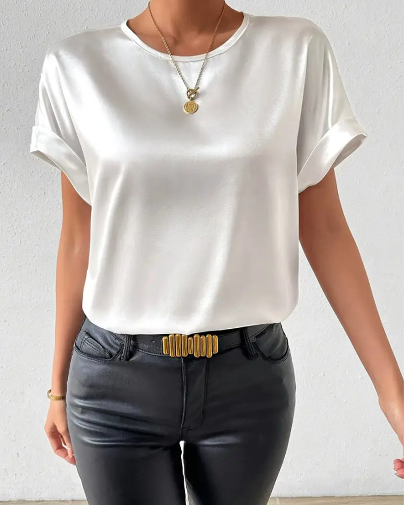 Damen Satin T-Shirt mit umgeschlagenen Ärmeln Heidi-Mode