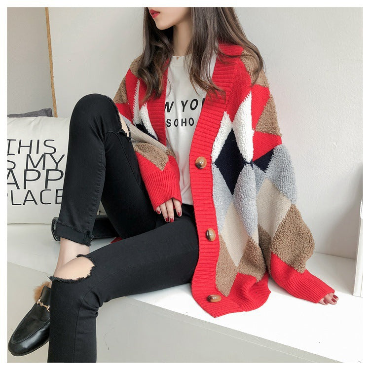 Damen Grobstrick Cardigan mit geometrischem Muster und großen Taschen EB