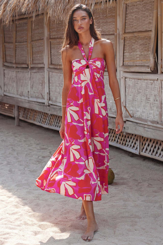 Damen Maxi Kleid mit raffiniertem Halterneck und trendigem Print EB