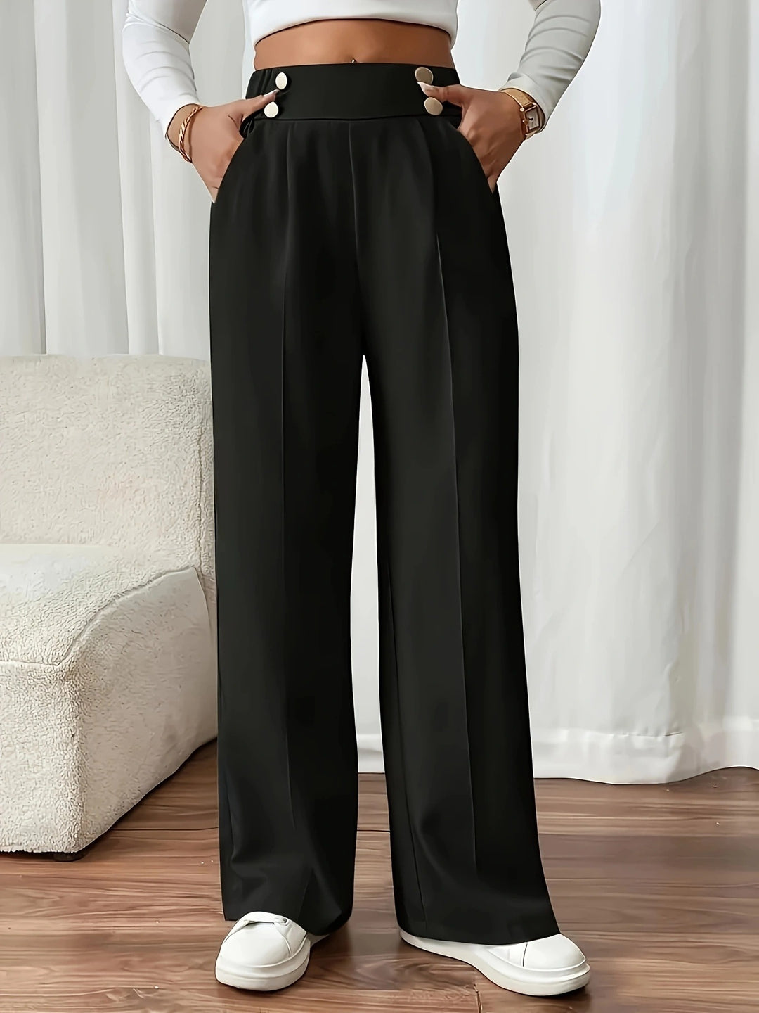 Damen Elegante Palazzo-Hose mit schmalem Bund und dekorativen Knöpfen EB