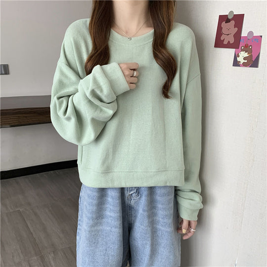 Damen lässiger cropped Pullover aus weichem Baumwollmix mit modischem Rundhalsausschnitt EB
