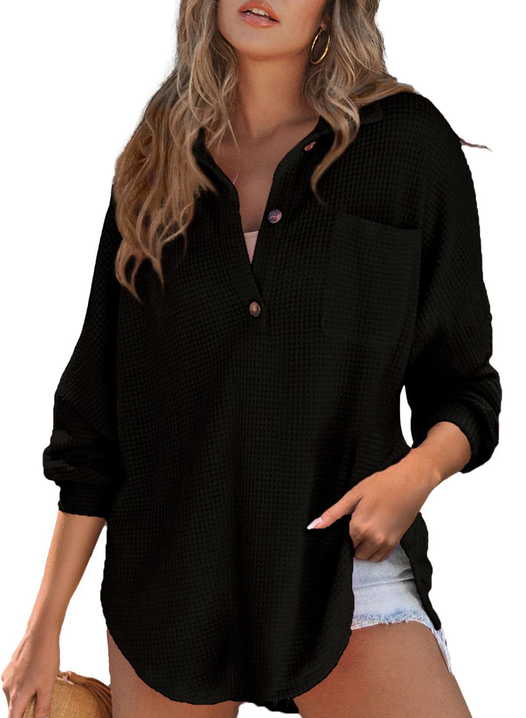 Damen Waffelstruktur Bluse mit Knopfleiste und Brusttasche EB
