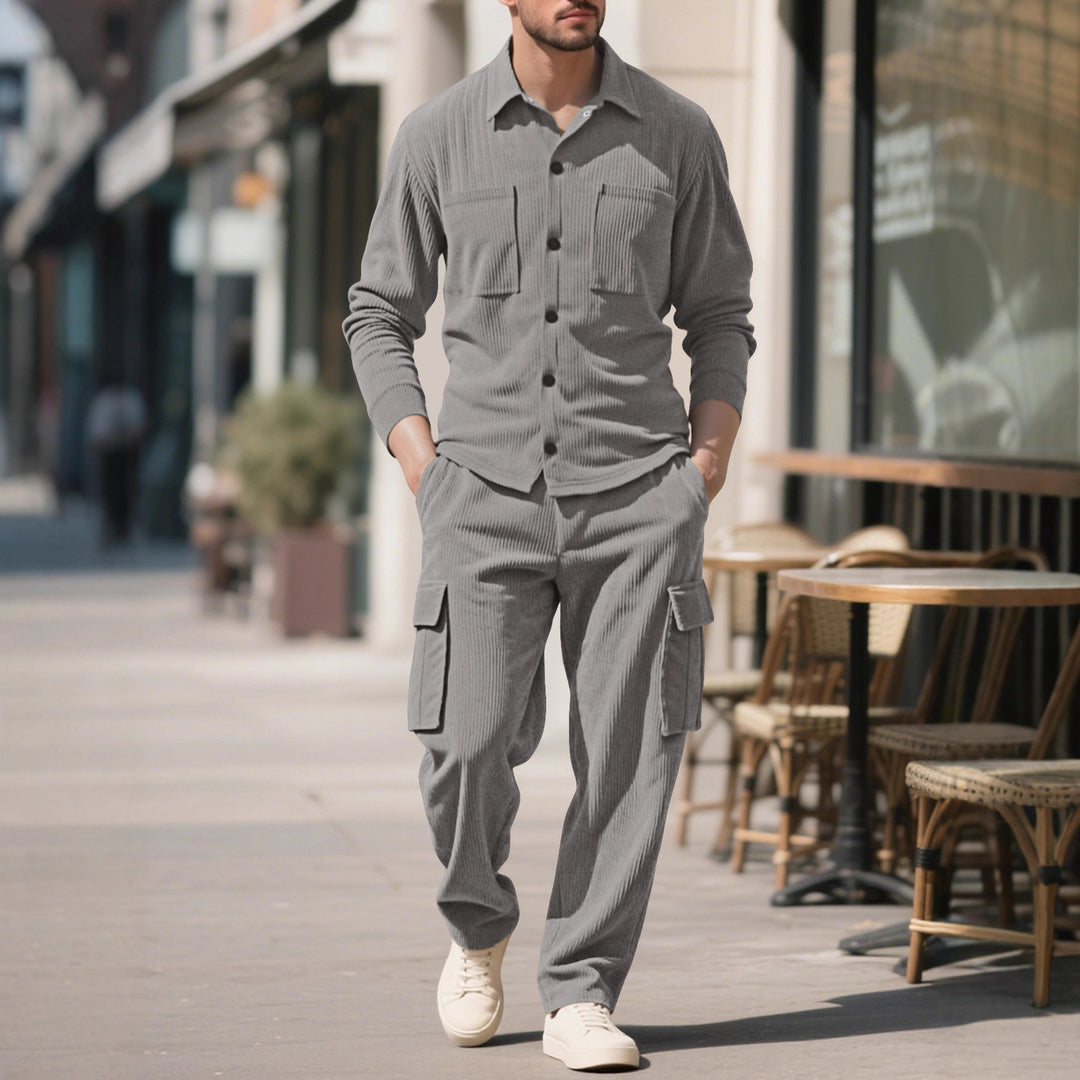 Herren nan geripptes Worker-Hemd mit Brusttaschen und entspannter Cargohose EB