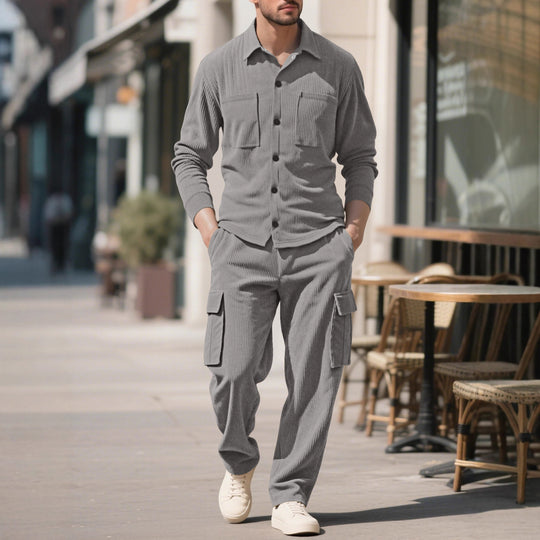 Herren nan geripptes Worker-Hemd mit Brusttaschen und entspannter Cargohose EB