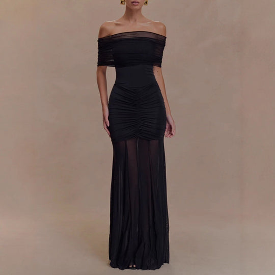 Damen nan schulterfreies Zweiteiler-Abendkleid mit gerafftem Minikleid und transparentem Bodenrock EB