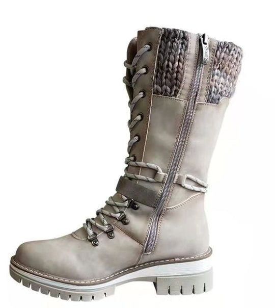 Damen nan hoher Schnürstiefel mit Strickbündchen, robuster Profilsohle und seitlichem Reißverschluss EB