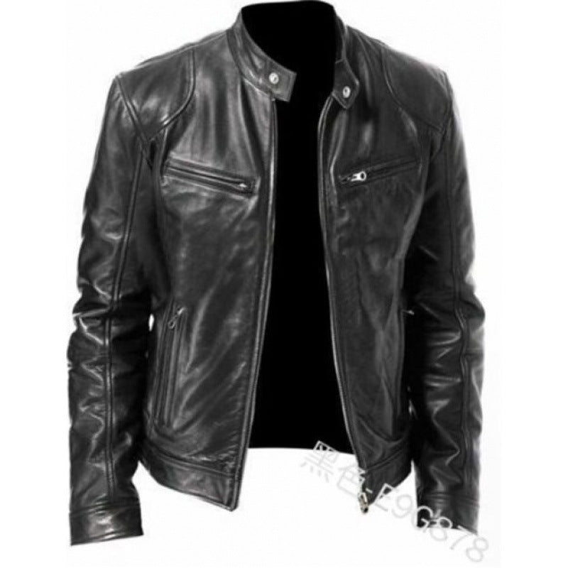 Herren nan schlanke Echtleder-Bikerjacke mit Stehkragen, zwei Brust-Reißverschlusstaschen und geradliniger Silhouette EB