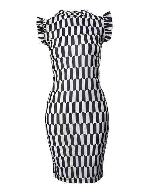 Damen figurbetontes Kleid mit Rüschendetails und geometrischem Muster EB
