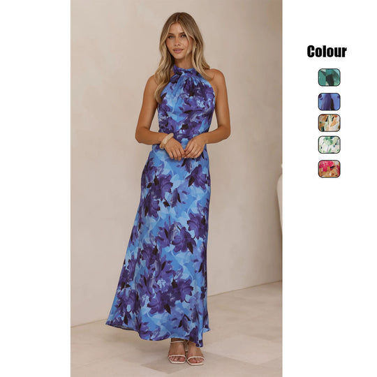 Damen Maxikleid mit hochgeschlossenem Halterneck-Design und floralem Muster EB