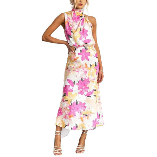 Damen Maxikleid mit asymmetrischem Oberteil und floralem Druck EB